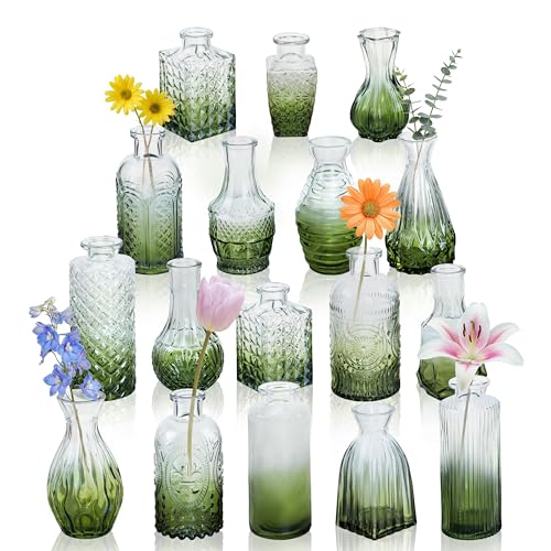 Glass Bud Vases in Bulk Set of 17, Dark Green Small Mini Vases for Flowers, Vintage Vase for Centepiece,Wedding, Table Decor, Baby Shower, Christmas, Home and Events - color: Geen and White