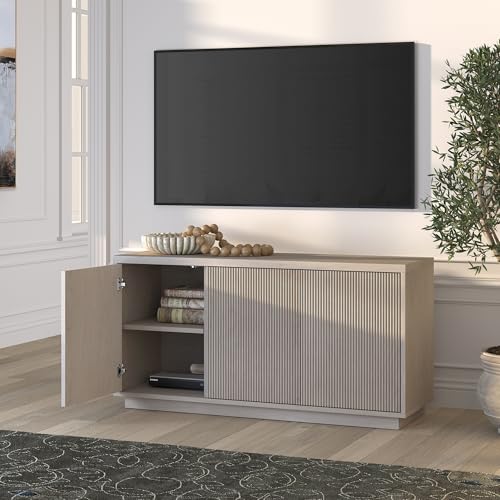 Henn&Hart Fluted TV Stand for TVs up to 55" with 3 Swing Out Ribbed Doors and Adjustable Shelves for Living Room, Family Room, or Office, Beech White - color: Beech White, size: 48" TV Stand