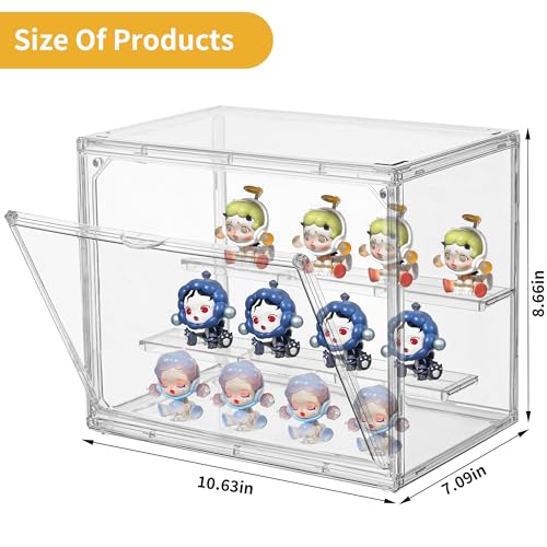 Acrylic Display Case,4 Pack 3 Layer Clear Display Case Adjustable Display Box Stand with 2 Movable Dividers Small Showcase Magnetic Door for Collections Mini Figures - size: S-4pack