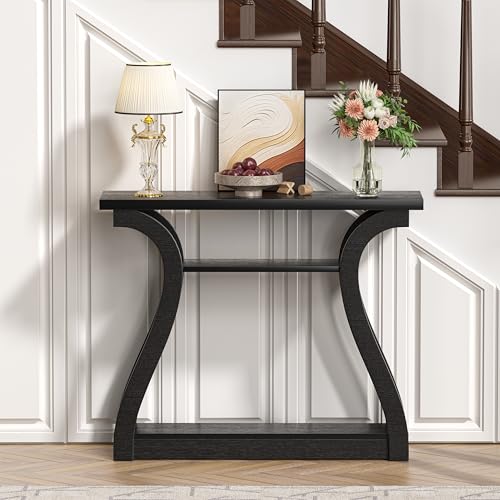 Wooden Console Table with Curved Legs and Shelf, 3-Tier Modern Accent Narrow Sofa Table for Entrance Area, Living Room, Hallway, 47 in Wide Wood Console Table for Entryway (Black) - color: Black