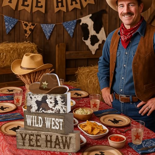 Yuntau 4 Pcs Western Tiered Tray Decorations Set Cowboy Hat Stack Block Signs Desert Farmhouse Rustic Tabletop Tiered Tray Decor for Table Shelf Home Office - style: Western Hat