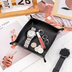 SANQIANWAN PU Leather Arc Edge Jewelry Valet Tray for Man and Women, Portable Mini Entryway Table Tray Bedside Nightstand Desk Tray Small Travel Dish Plate for Key,Wallet,Watch,Coin (Black) - color: Black