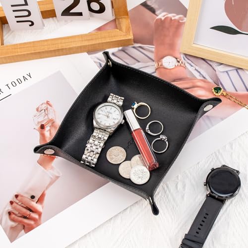 SANQIANWAN PU Leather Arc Edge Jewelry Valet Tray for Man and Women, Portable Mini Entryway Table Tray Bedside Nightstand Desk Tray Small Travel Dish Plate for Key,Wallet,Watch,Coin (Black) - color: Black