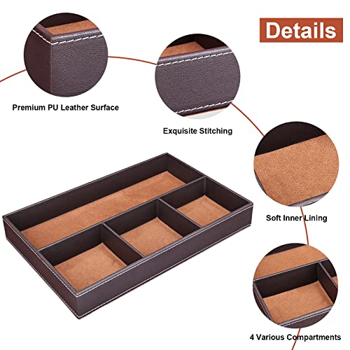 GORESE Faux Leather Valet Tray for Men, Stackable Jewelry Organizer for Drawers Inserts, Nightstand Caddy Tray for Key, Wallet, Sunglass, Watch, Coin, Phone, Bedside Desktop Storage Brown - color: Brown