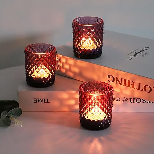 Woho 24pcs Purple Votive Candle Holders, Glass Tea Lights Candle Holder for Wedding Table Centerpiece, Studded Diamond Tealight Candle Holder for Tealight Candles/Votive Candles - color: Deep Purple
