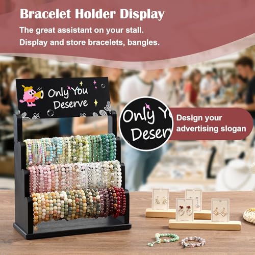 Emfogo Bracelet Holder with Advertising Board, 3 Tier Bracelet Organizer Stand Storage for Bracelets Bangles Watch Scrunchies, Rustic Wood Jewelry Display for Vendors, Craft Shows & Store (Black) - color: Black