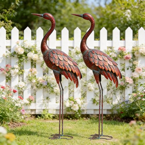 chisheen 2PCS Garden Crane Statues Outdoor Sculptures Metal Yard Art Statue for Garden Decoration Large Size Set of 2 - size: L-2PC