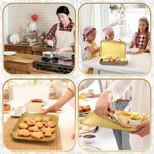 20 Pcs Gold Serving Trays and Platters Bulk Disposable Paper Rectangle Gold Party Platters Decorative Food Appetizer Foil Trays for Birthday Wedding Dessert Table Snack Cupcake, 13.8" x 9.8"