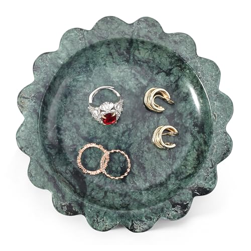 Koville 5.51" Scalloped Marble Tray, Round Stone Jewelry Trinket Dish for Ring, Natural Small Marble Tray for Bathroom Kitchen Dresser Countertop, Decorative Candle Tray(Green) - color: Sage Green, size: D=5.51"