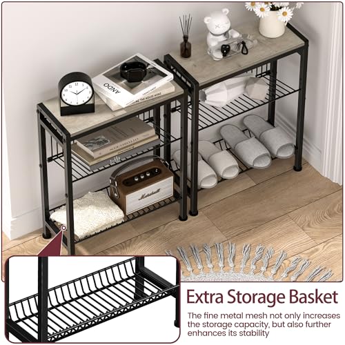 Narrow Side Table for Small Space, 3-Tier End Table with Magazine Holder, Slim Nightstand with Wire Shelf, Skinny Bedside Table in Living Room, Bedroom, Study, Kitchen and Balcony(Greige) - color: Upgrade-greige