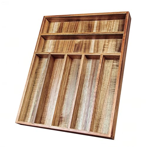 KITEISCAT Acacia Wood Silverware Organizer, Kitchen Utensil Drawer Organizer for Forks & Spoons, 7-Compartment Cutlery Tray, Flatware Holder - size: 7 Compartments