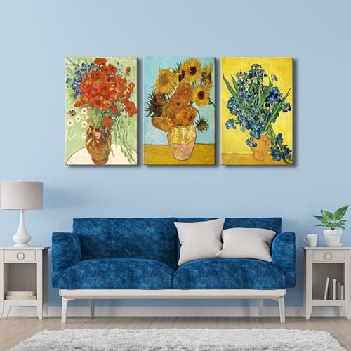 Wieco Art 3 Panels Canvas Prints of Vincent Van Gogh Paintings Reproduction Red Poppies and Daisies Irises in Vase Sunflower Canvas Wall Art for Living Room Home Office Decor - color: Flowers, size: 16 x 24 inches (Unframed)