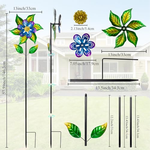 Wind Spinners Outdoor,13'' Dia Metal Flower Pinwheels,Waterproof Wind Sculpture with Metal Stake,Wind Spinner for Outdoor Patio Decor - size: 13‘’Green Flower