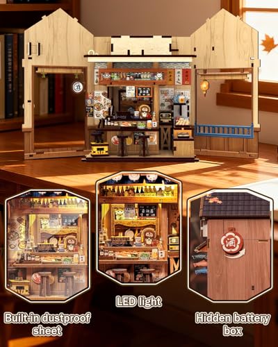 Book Nook Kit - DIY Miniature House Kit, 3D Puzzle Wooden Dollhouse with LED, Sakura Wine Alley, Tiny House Bookend, Bookshelf Decor, Crafts Gifts for Adults, Teens & Book Lovers - style: Choshi no Shitamachi