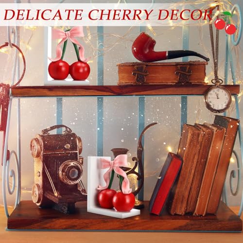 2 Pcs Pink Bow Cherry Bookends Wooden Pink Bookends Shelves Coquette Room Decor Cute Cherry Figurine Book Ends Bow Nursery Decoration for Bedroom Home Office Nursery Birthday Gift - style: Cherry