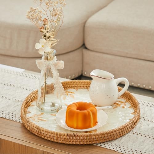 Shellac Rattan Tray with Mother of Pearl Inlay, Round Decorative Serving Tray for Home Décor Coffee Table Storage and Display, 100% Natural Materials - Orange 13.5" - color: Orange, size: 13.5"