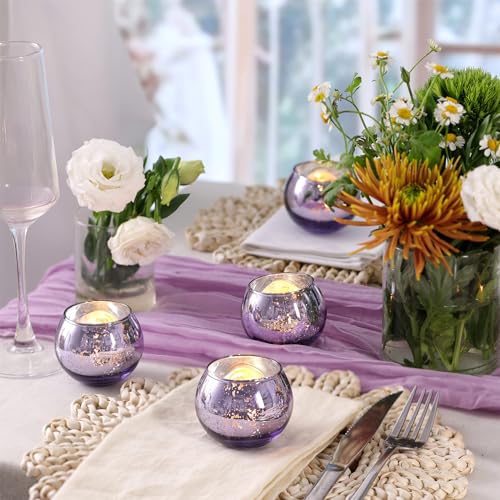 Volens Round Purple Votive Candle Holders Set of 12, Purple Wedding Centerpiece Table Decorations, Mercury Glass Tealight Candle Holder for Bridal Shower, Baby Shower & Home Decor - color: Purple