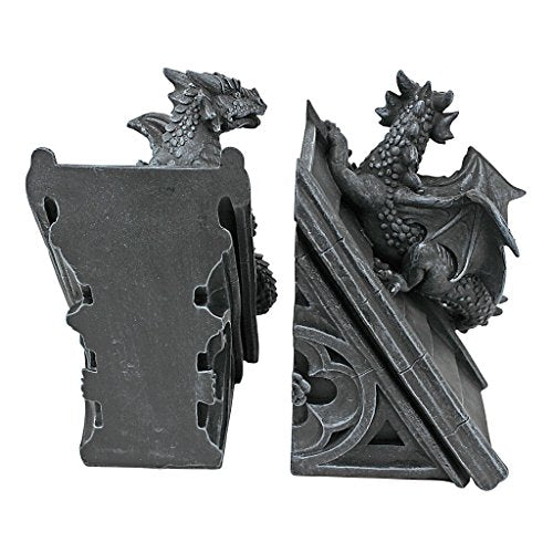 Design Toscano Castle Dragon Gothic Decor Decorative Bookend Statues, 8 Inch, Set of Two, Polyresin, Grey Stone