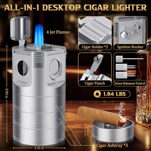 XIFEI 8-in-1 Desktop Cigar Lighter with Straight V-Cut Cutter, 3 Ashtrays, 3 Draw Enhancer Tools, 2 Stands, Cigar Punch, 4 Jet Flame Butane Torch Lighters, Luxury Accessories Gift Set (Silver) - color: Silver