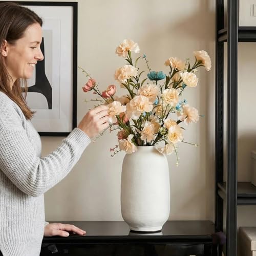White Ceramic Flower Vase Home Decor - Large Tall Farmhouse Table Vases Rustic Living Room Kitchen Bedroom Decorations for House Book Shelf Office Coffee Desk，Hand-Made Textured Surface (10.8“ H) - color: White-10.8"tall, size: 10.8"-Cylinder