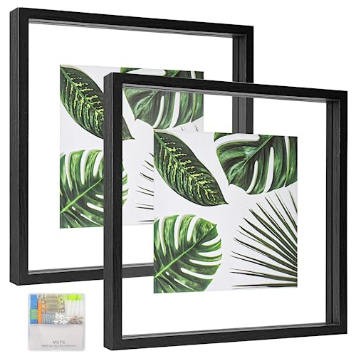 MUYE 12x12 Floating Frames Set of 2,Double Glass Picture Frame Display Any Size Photo up to 12x12,Wall Mount or Tabletop Standing,Black - color: Black, size: 12x12