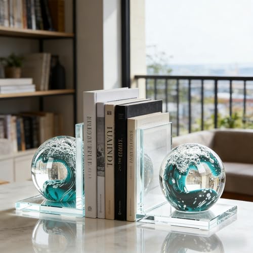 Decorative Bookends for Shelves, Hand Blown Ocean Crystal Ball Unique Bookends for Heavy Books, Office Desk Decor, Ideal for Ocean Lovers (Dark Green) - color: Dark Green
