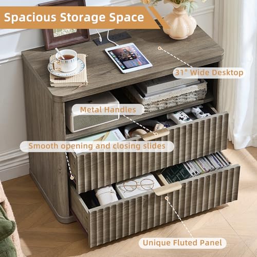 LEYAOYAO 31" Wide Fluted Nightstand with Charging Station, Oversized Extra Large 2 Drawers Night Stand,Grey Wood Bedside Table,Tall Bed Side End Tables,Modern Chest of Drawers Dressers for Bedroom - color: Grey, size: 2 Drawers