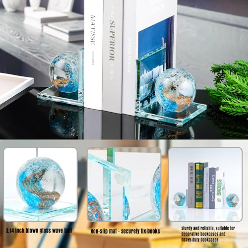 Book Ends for Shelves, Glass Bookends with Light Blue Glass Hand Blown Sea Wave Ball, Non Skid Sturdy Decorative Bookends for Ocean Lovers, Heavy Books, Office, Set of 2 - color: Light Blue