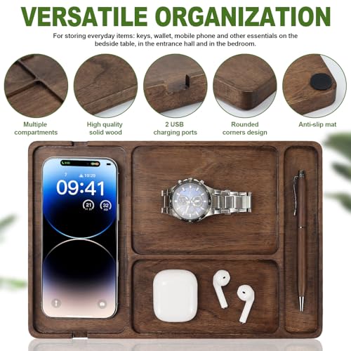 MultiBey Walnut Wood Valet Tray - Wooden Nightstand Organizer for Men Women, 4 Slot Desk Drawer Organizer Tray, EDC Catch All Tray with Cable Slot for Phone Watch Wallet Key Jewelry - color: Walnut