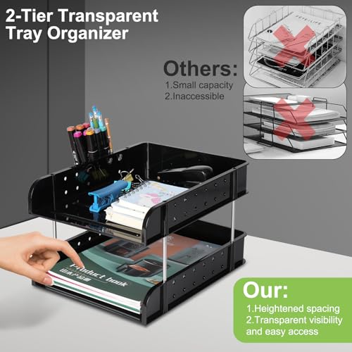 Stackable Letter Tray Papers Organizers, A4 Size Desk Organizer Tray for Letter Paper Stationery Desk Accessories, Plastic Black Paper Holder File Organizer for Office, School, Home (Dark Black) - color: Dark Black