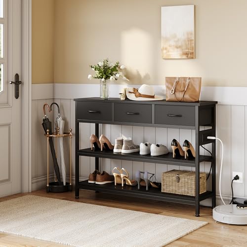 Lulive Entryway Table with Power Outlets, Console Table with 3 Fabric Drawers, Sofa Table for Living Room, Hallway, Couch, Foyer, Height Adjustable (Black, 43") - color: Black, size: 1-Pack 43 inches