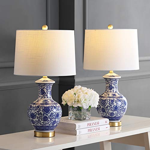 JONATHAN Y 25.25" Blue/White Ceramic Ginger Jar Table Lamp Set of 2, Traditional Brass Gold Base for Living Room Bedroom, White Linen Drum Shade, LED Bulbs Included JYL1072A-SET2