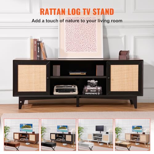 VEVOR Rattan TV Stand for 75in TV, Boho TV Stand with Rattan Door, Entertainment Center with Build-in Socket, Storage Cabinet with 2 Shelves, Modern TV Console for Living Room, Media Room, Black - color: Black, size: for 75" TVs