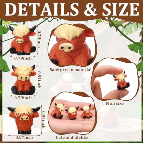 Suzile 50 Pcs Mini Resin Highland Cow Figurines Bulk Mini Cow Figurines Cute Resin Miniature Sculpture Ornament Highland Cows Gifts for Landscape Office Garden Desk Party Tabletop Decor
