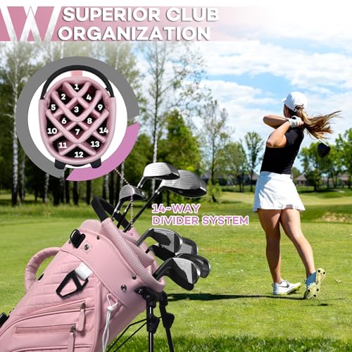 Luxury Womens Golf Bag, PU Leather Golf Stand Bag for Women/Ladies, 14-Way Full-Length Top Dividers, Ultra Lightweight, Large Pockets for Accessories - color: Pink