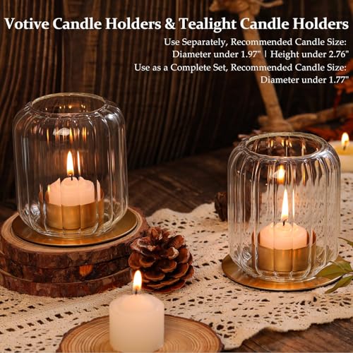HAVITI 4 PCS Votive Candle Holders, Clear Tealight Candle Holder Glass & Metal Base Lantern Style, Vintage Tea Light Candle Holders for Table Centerpieces, Wedding, Home Decor
