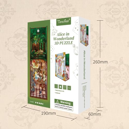 Tonecheer DIY Book Nook Kit for Adults,3D Wooden Puzzle Bookend Bookshelf Insert Library Decor, Booknook Miniature House Kit with Body Motion Sensor LED Light (Vincent's World)