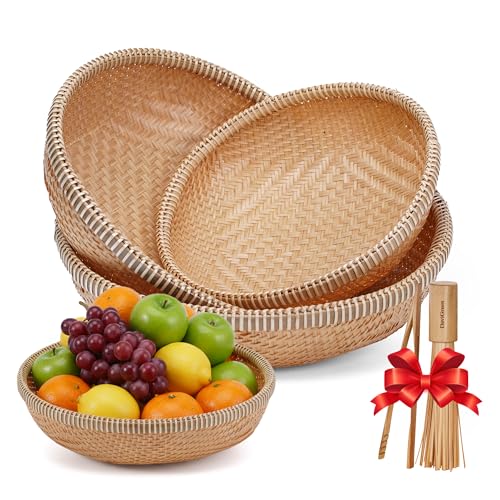 Set of 3 Handwoven Bamboo & Rattan Baskets – Woven Bread Basket & Fruit Bowl for Kitchen Counter, Decorative Wicker Tray for Serving Snacks, Pastries & Table Centerpiece - style: Set of 3 Handwoven Bamboo Baskets – Double Orchid Weave