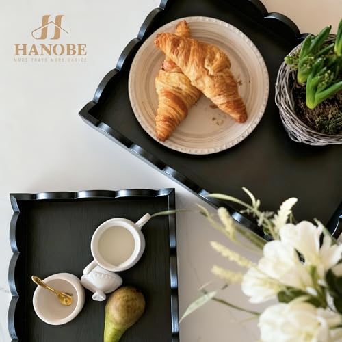 Hanobe Decorative Tray for Coffee Table: Serving Tray Decor with Scalloped Edge - Black Entryway Decor for Living Room Kitchen Counter