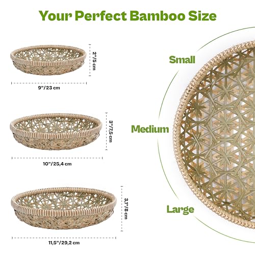 Handwoven Bamboo Basket Set of 3, Decorative Wall Basket, Boho Woven Basket Decor, Round Serving Basket for Bread & Fruit, Artisan Bamboo Storage + Tongs & Brush - style: Handwoven Bamboo Basket – Decorative Flower Weave