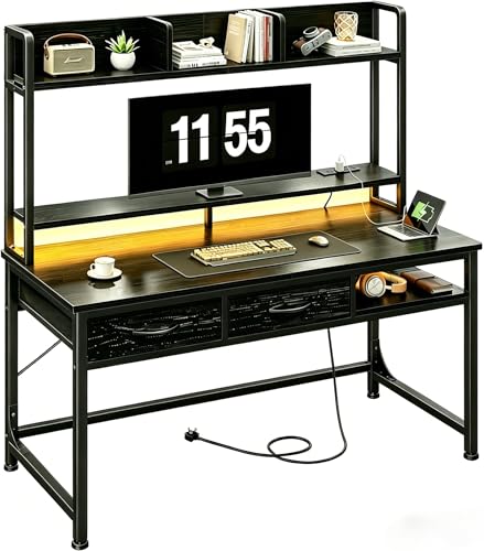 DurayLoly 39.4" Gaming Desk with Hutch & Monitor Stand, Computer Desk with 2Drawers &1Open Storage,Writing Desk with LED &Power Outlet,Office Desk,Study Desk for Bedroom Home Office,Small Space,Black - color: Black, size: 18.9"D x 39.4"W x 61.1"H