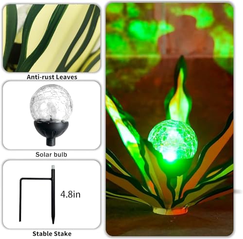 Metal Agave Plant Garden Art, 2 Pack Tequila Rustic Sculpture, Rustic Metal Agave Plants Garden Lawn Home Ornaments, for Yard Stakes, Garden Figurines, Outdoor Patio (2 PCS Green with Light) - color: 2 Pcs Green With Light
