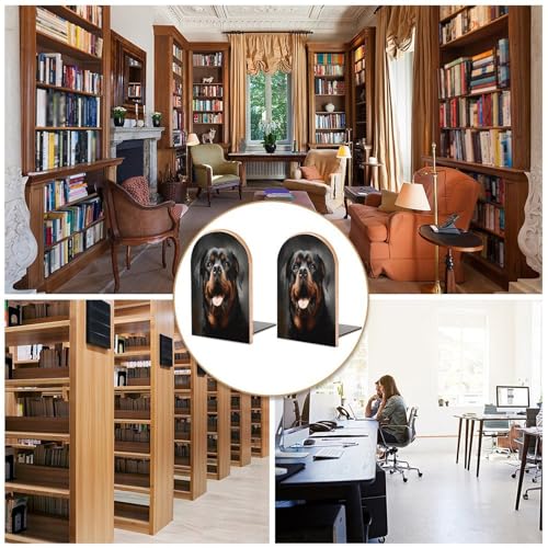 Cool Rottweiler Dog Art Bookends 1 Pair Heavy Duty Book Ends for Shelves Non-Skid Bookend Supports Wooden Book Holders with Metal Base Desk Organizers Books Storage to Hold Books
