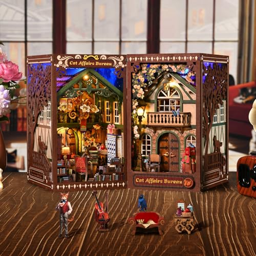 Book Nook Kit, Book Nook Kits for Adults DIY Booknook Model Build, DIY 3D Wooden Puzzle Bookend Booknook Bookshelf Insert Miniature Dollhouse Kit for Home Decoration - style: Cat Affairs Bureau