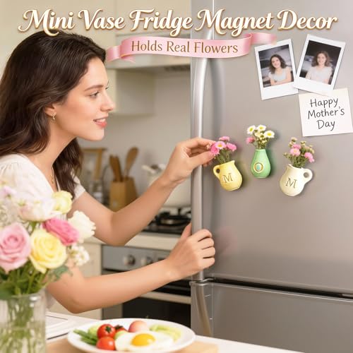 Mini Ceramic Vase Fridge Magnets – Tiny 3D Flower Vase Refrigerator Magnets with Fake Flowers, Cute Kitchen & Home Decor, Unique Birthday for Mom & Women