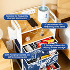 YCY Night Stand with Charging Station, LED Nightstand with USB Ports and Outlets, Metal Frame Side Table with 3 Fabric Storage Drawers, End Table for Bedrooms Living Room,White and Blue