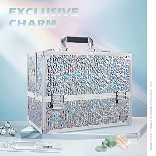 Joligrace Makeup Train Case Large 6 Tray Professional Organizer Box - Cosmetic Make Up Carrier with Lock & Key Carrying Strap for Studio Artist & Stylist Silver - Holographic Iridescent Style - color: Holographic