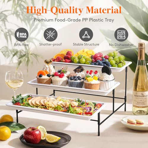Lifewit 3 Tier Serving Tray, 36 x 17 cm/14 x 6.5" White Plastic Tiered Food Serving Platters, Tiered Tray Stand for Party with Black Collapsible Metal Stand, Dessert Display Stand for Cookies/Crackers - size: 14" x 6.5", style: Basic
