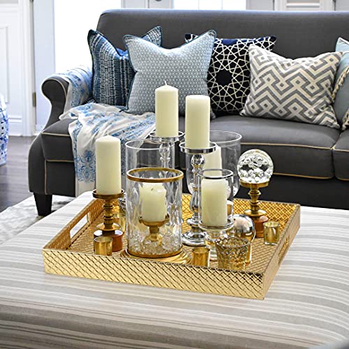 HofferRuffer Rectangle Serving Tray with Hole Handles for Coffee Table, Breakfast, Tea, Food, Butler - Countertop, Kitchen, Vanity Serve Tray, 16.2 x 12.2 x 2 inches, Faux Leather (Gold) - color: Gold, size: 16.2" x 12.2" x 2"