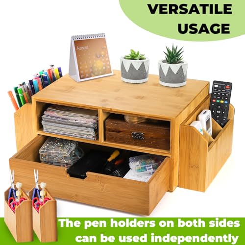 Hiceeden 2 Tier Bamboo Desktop Organizer, Desk Monitor Stand Riser with 1 Drawer and 2 Pen Holder, 2 Compartment Computer Desk Storage Organizer for Laptop, Printer